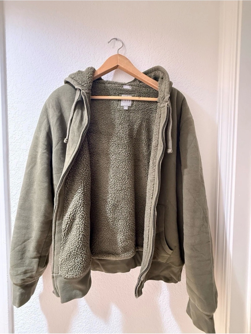 GAP Men’s Sherpa Lined Full Zip Hoodie Olive Green Size M Cotton Blend